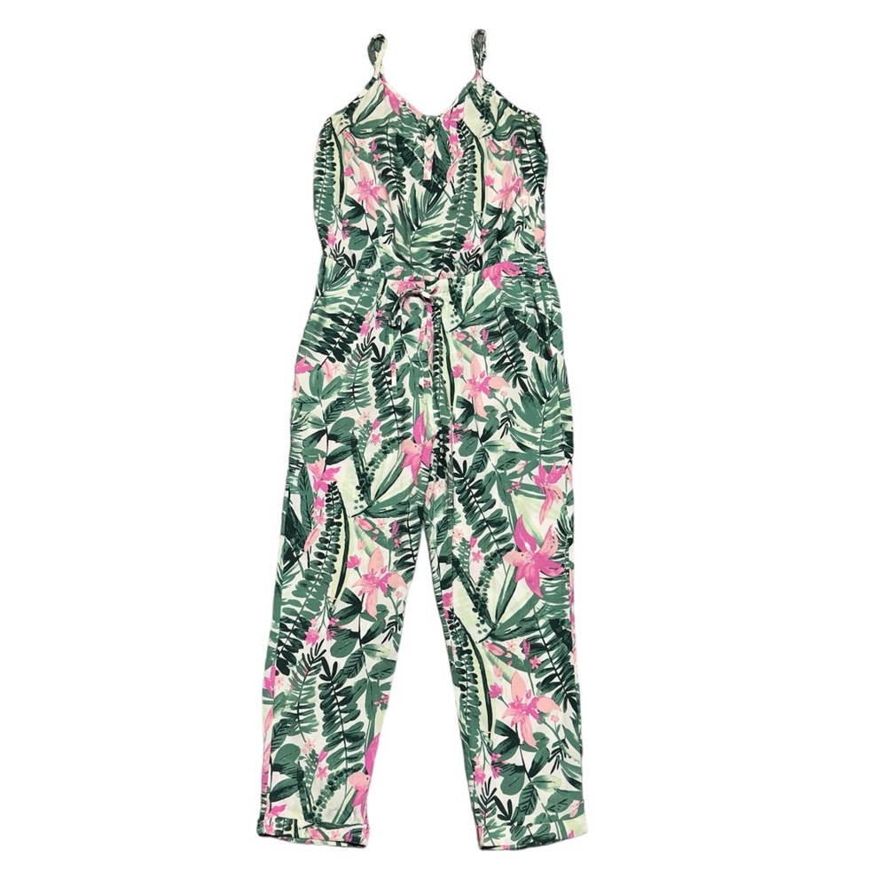 Old Navy Palm Leaves Jumpsuit Medium Floral Elastic Waist Pockets Green Pink